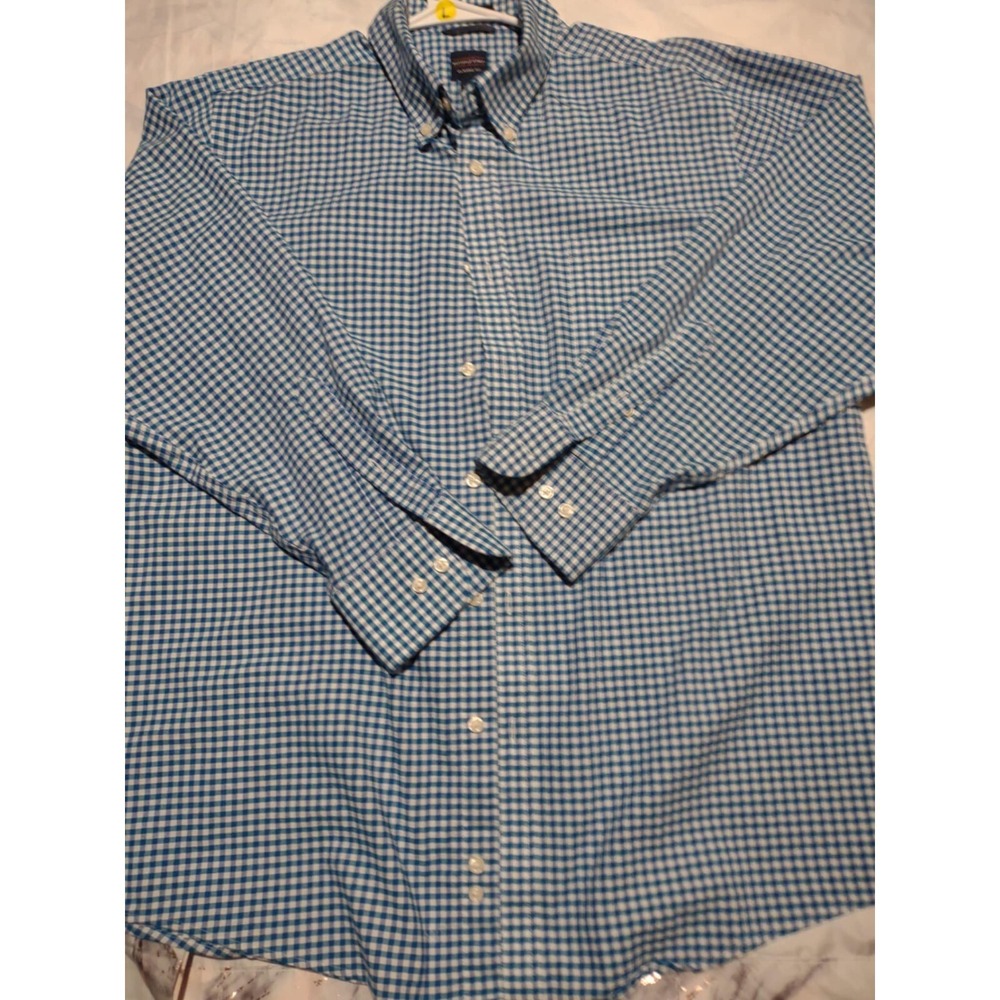 Dockers Battery Street Mens Large L Blue Gingham Stretch Classic Fit Shirt 16.5
